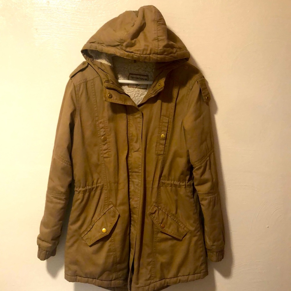 Terranova Women Tan Solid Full Zipper Hooded Parka Anorak Coat Jacket